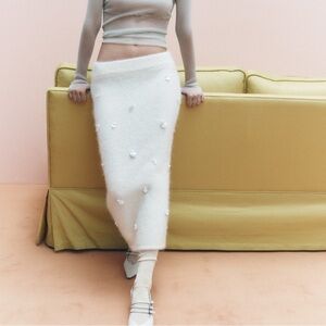 Zara Sequin embroidered Alpaca Blend Knit Pencil Midi Skirt Ecru white
